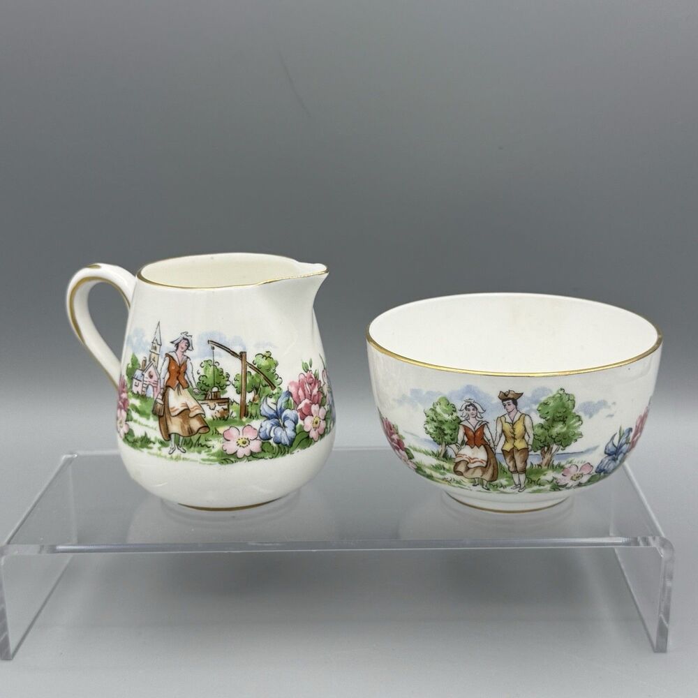 Vtg Sugar Bowl and Creamer Set Evangeline's Acadian Gardens Crown Staffordshire